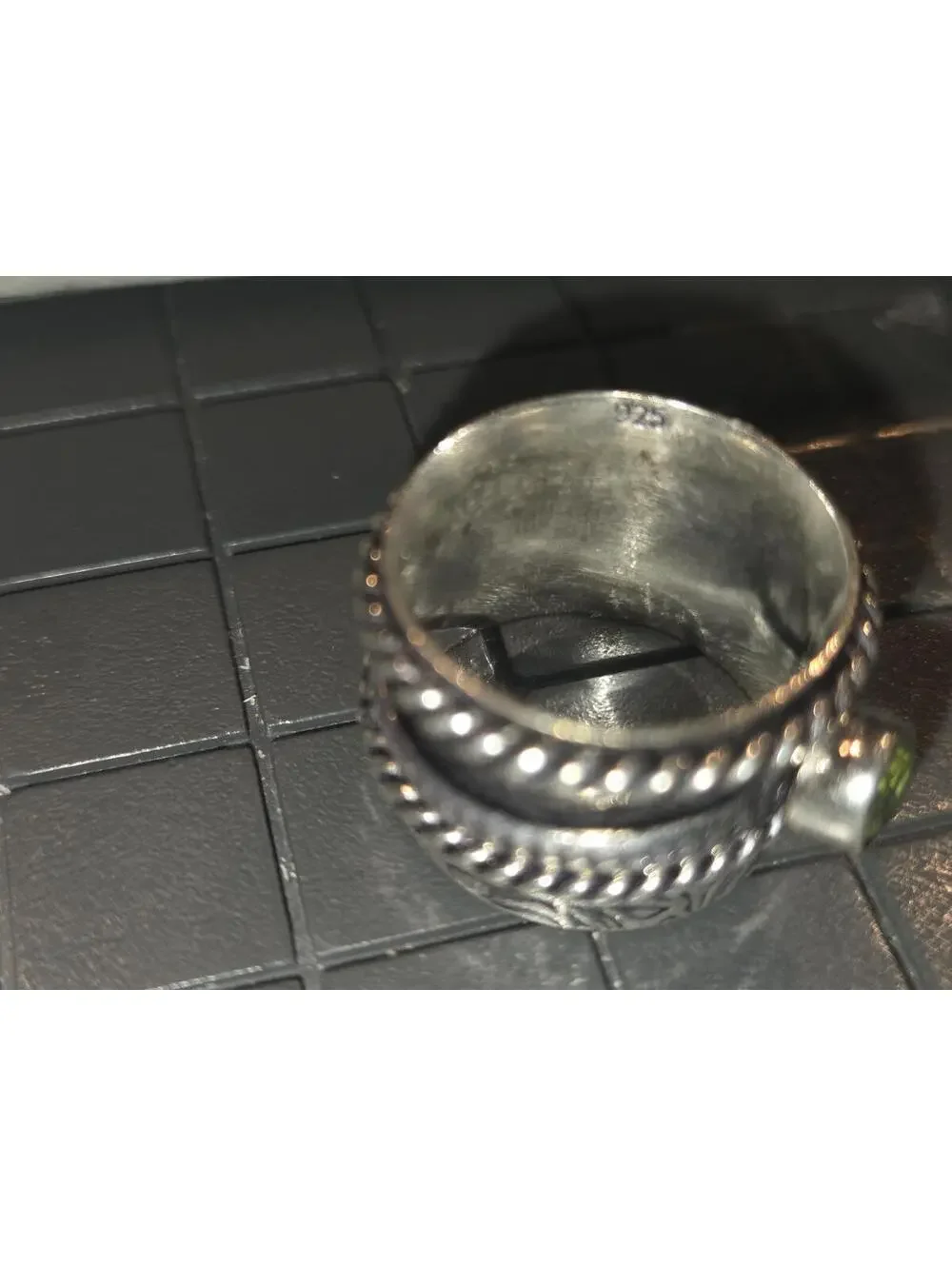Sterling Silver 925 Ring with Green Stone, Ornate Rope Detail